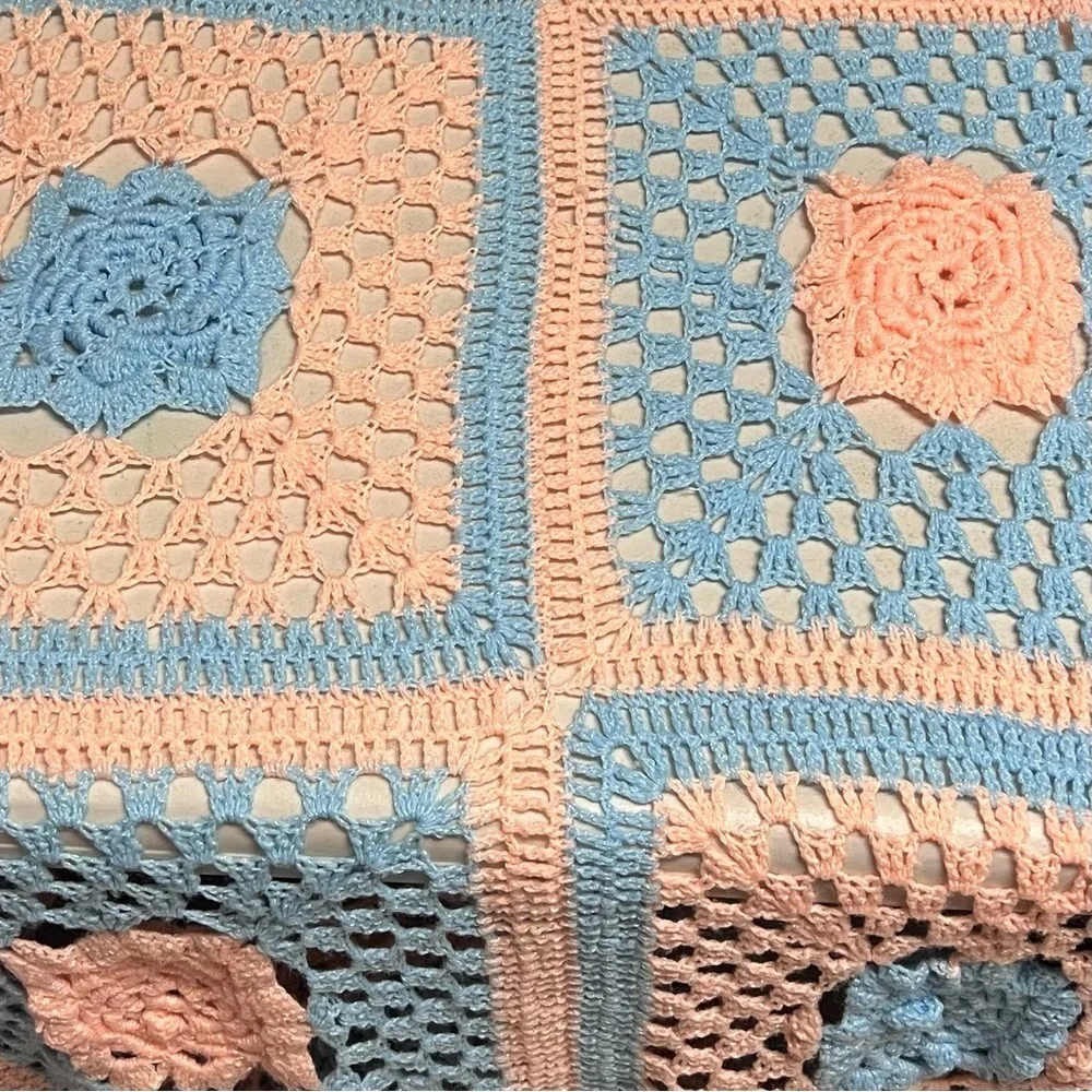 Vintage Floral Granny Square Rose Crochet Afghan Throw Blanket Cottagecore
